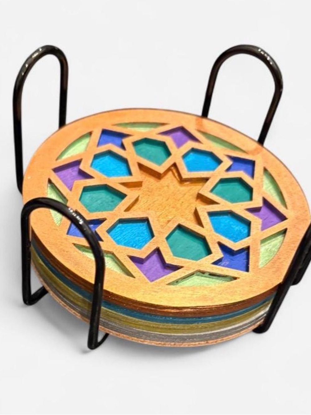 Set of 4 Hand Painted Geometric Wooden Coasters with Stand